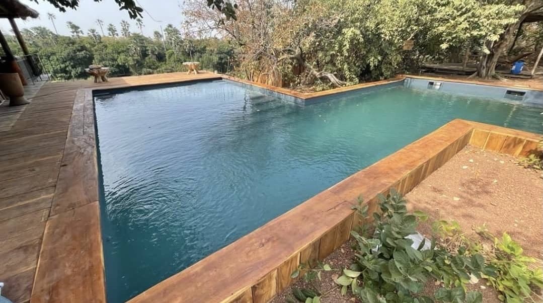 Piscine terminée, bassin bordé de bois au milieu de la végétation